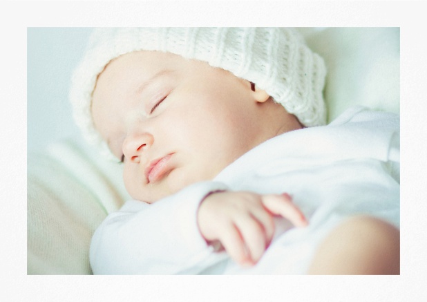Fotokarte für Geburtsanzeige mit veränderbarem Foto und großem Rahmen. Blau.