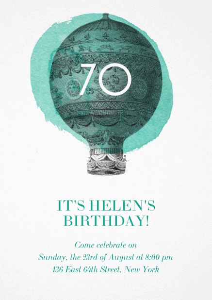 70th Birthday invitation card with a hot air balloon and editable text.