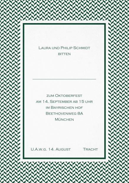 Tracht Einladungskarte mit Rahmen aus kleinen Wellen und editierbarem Text. Grün.