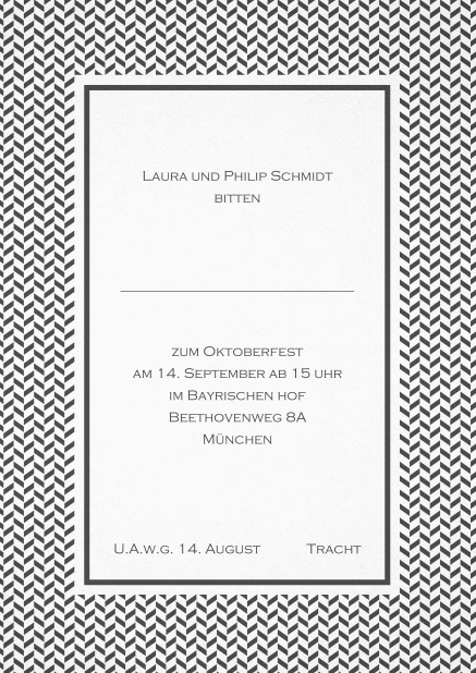 Tracht Einladungskarte mit Rahmen aus kleinen Wellen und editierbarem Text. Grau.