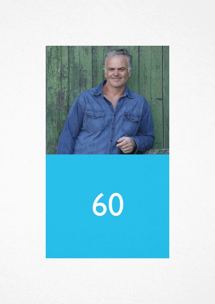 Glücklich mit 60 - Blau - 60. Geburtstag Einladungskarte zum 60. Geburtstag mit Fotofeld und buntem Textfeld. Blau.