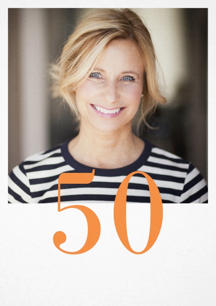 50th birthday photo invitation with an editable number. Orange.