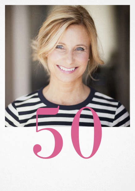 50th birthday photo invitation with an editable number. Pink.
