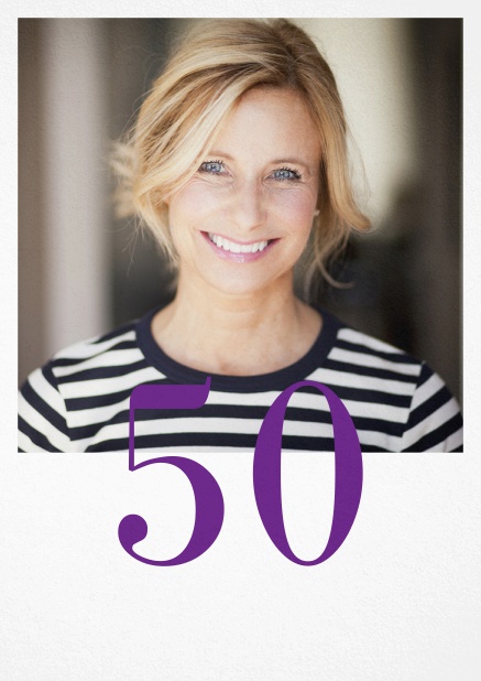 50th birthday photo invitation with an editable number. Purple.