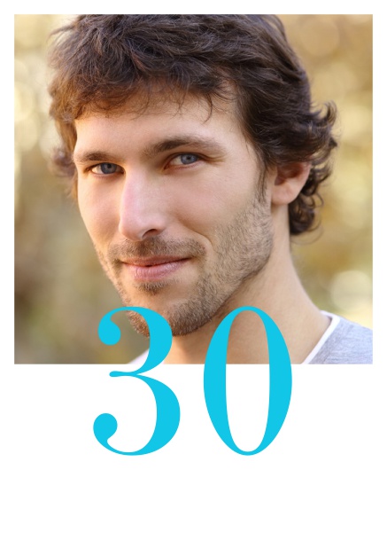 Online 30th birthday invitation card with photo and editable number half on the photo. Blue.