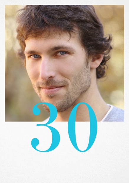30th birthday invitation card with photo and editable number half on the photo. Blue.