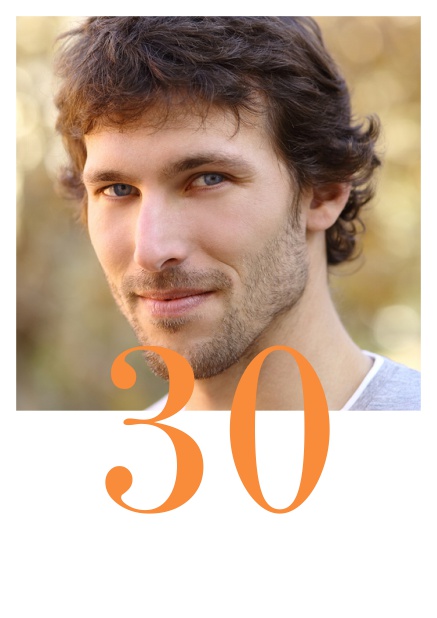 Online 30th birthday invitation card with photo and editable number half on the photo. Orange.