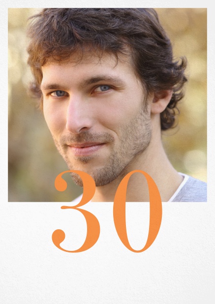 30th birthday invitation card with photo and editable number half on the photo. Orange.