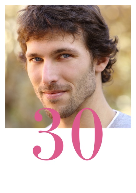 Online 30th birthday invitation card with photo and editable number half on the photo. Pink.