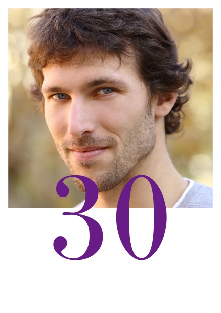 Online 30th birthday invitation card with photo and editable number half on the photo. Purple.