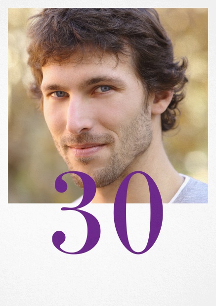 30th birthday invitation card with photo and editable number half on the photo. Purple.