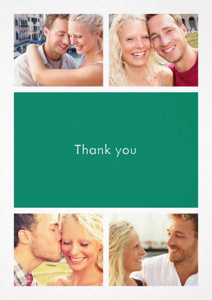Thank you card with four photo fields and a text field in various colors. Green.