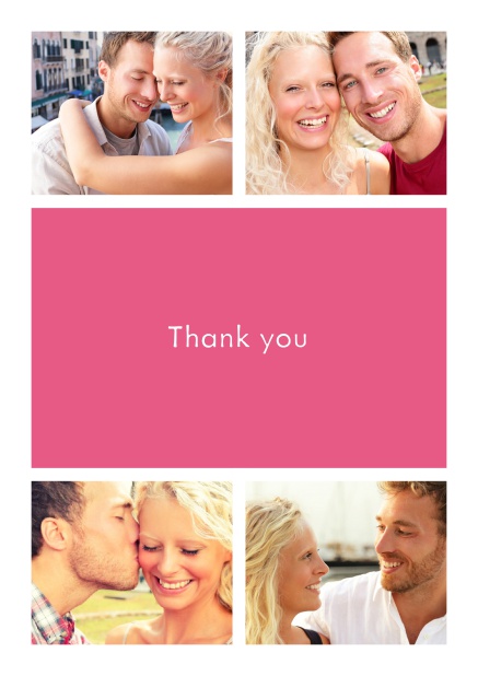 Online Thank you card with four photo fields surrounding a colorful textfield. Pink.