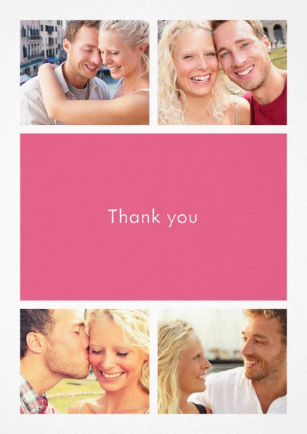 Thank you card with four photo fields and a text field in various colors. Pink.