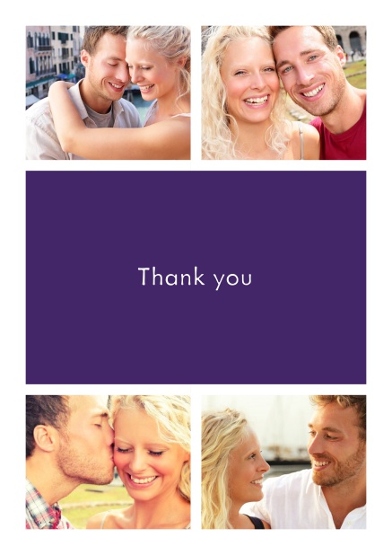 Online Thank you card with four photo fields surrounding a colorful textfield. Purple.