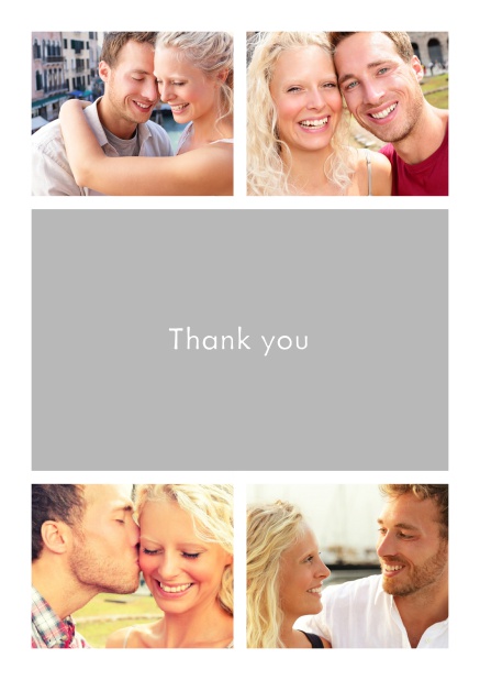 Online Thank you card with four photo fields surrounding a colorful textfield. White.