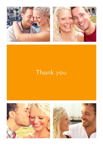 Online Thank you card with four photo fields surrounding a colorful textfield. Yellow.