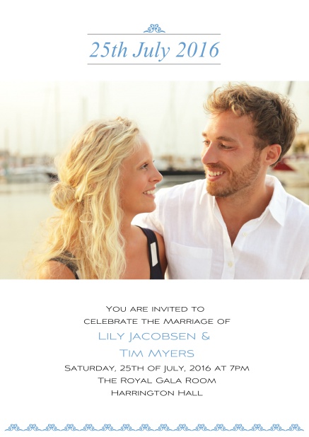 Online Wedding invitation card with date, photo and text. Blue.