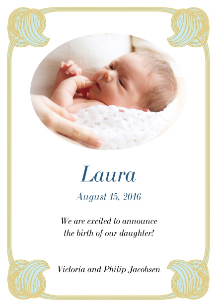 Online Birth announcement photo card with shell art-nouveau frame