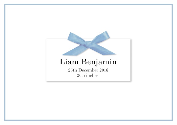 Online Birth announcement with PRINTED blue ribbon and matching blue double line frame and photo inside left.