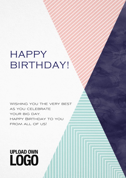 Corporate Birthday greeting card with large rosa, blu and dark triangle elements.