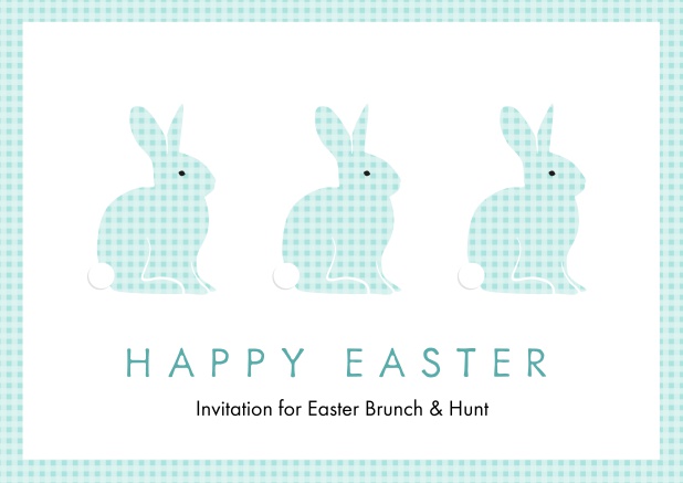 A lively card with three blue Easter bunnies, perfect for Online Easter invitations