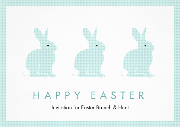 A lively card with three blue Easter bunnies, perfect for Easter invitations Blue.