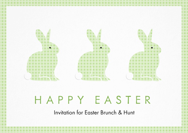 A lively card with three blue Easter bunnies, perfect for Easter invitations Green.