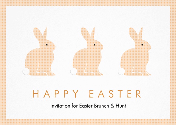 A lively card with three blue Easter bunnies, perfect for Easter invitations Orange.