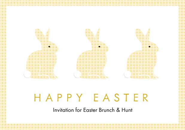 A lively card with three blue Easter bunnies, perfect for Online Easter invitations Yellow.