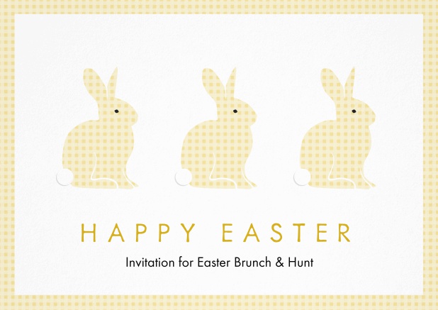 A lively card with three blue Easter bunnies, perfect for Easter invitations Yellow.