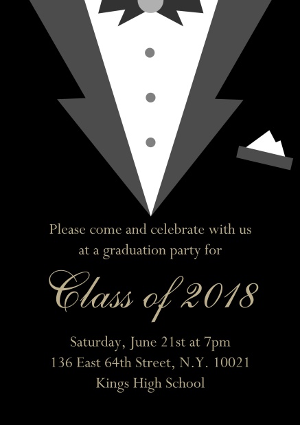 Invitation card to your graduation party designed as a black tie jacket. Black.