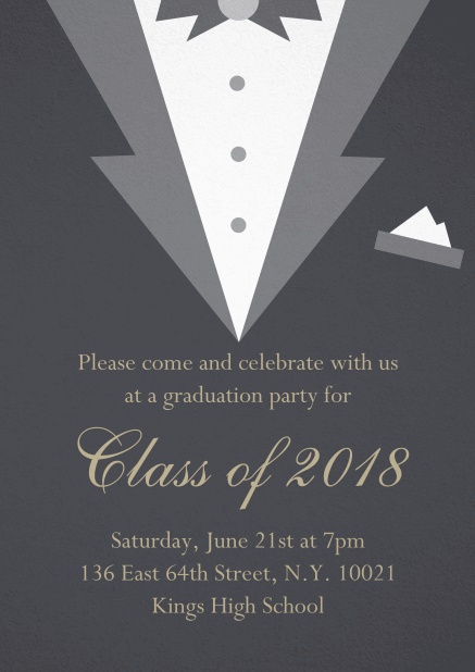 Invitation card to your graduation party designed as a black tie jacket. Grey.