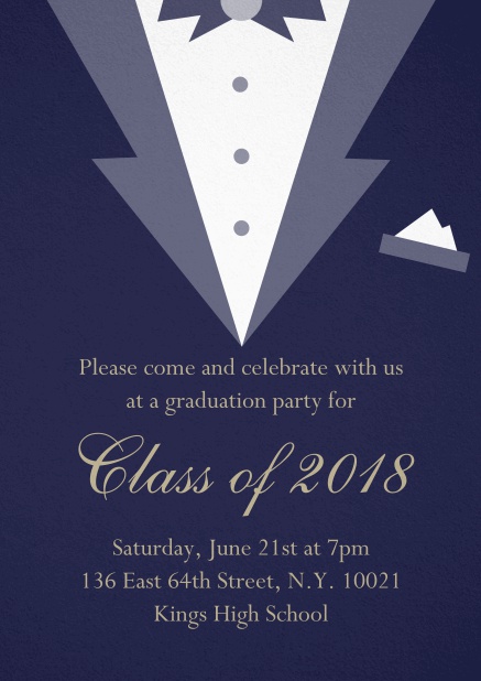 Invitation card to your graduation party designed as a black tie jacket. Navy.