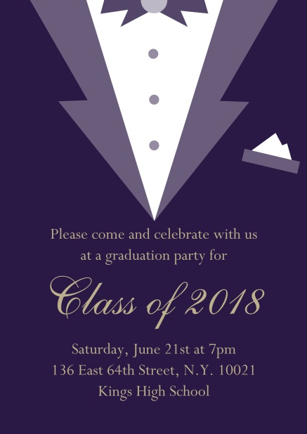 Invitation card to your graduation party designed as a black tie jacket. Purple.