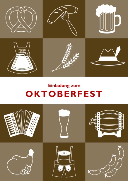 Online Oktoberfest Einladungskarte mit 12 Bildern vom Oktoberfest, wie Dirndl, Lederhosen und Bier. Braun.