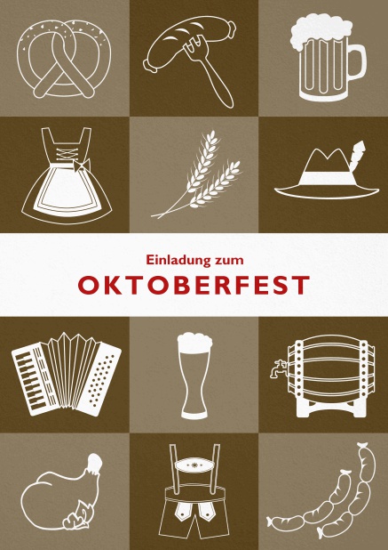 Oktoberfest Einladungskarte mit 12 Bildern vom Oktoberfest, wie Dirndl, Lederhosen und Bier. Braun.