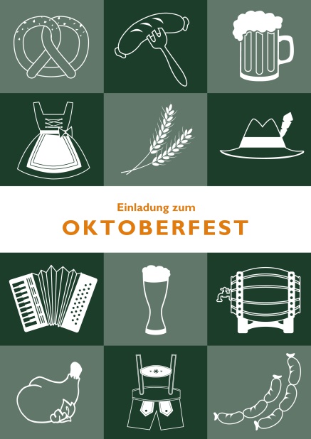 Online Oktoberfest Einladungskarte mit 12 Bildern vom Oktoberfest, wie Dirndl, Lederhosen und Bier. Grün.