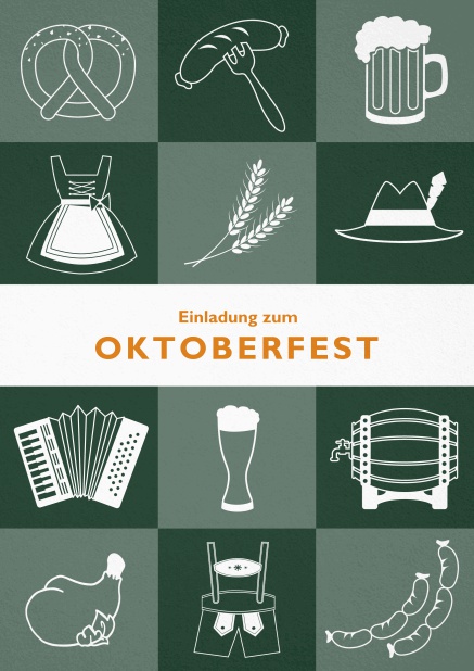 Oktoberfest Einladungskarte mit 12 Bildern vom Oktoberfest, wie Dirndl, Lederhosen und Bier. Grün.