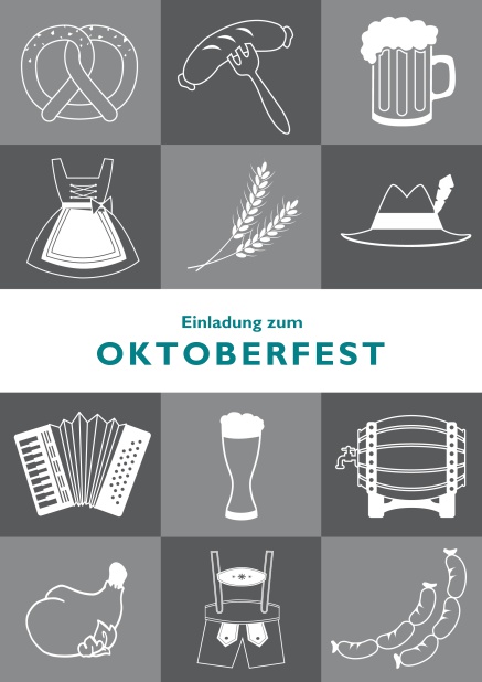 Online Oktoberfest Einladungskarte mit 12 Bildern vom Oktoberfest, wie Dirndl, Lederhosen und Bier. Grau.
