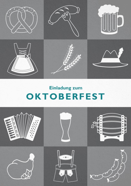 Oktoberfest Einladungskarte mit 12 Bildern vom Oktoberfest, wie Dirndl, Lederhosen und Bier. Grau.
