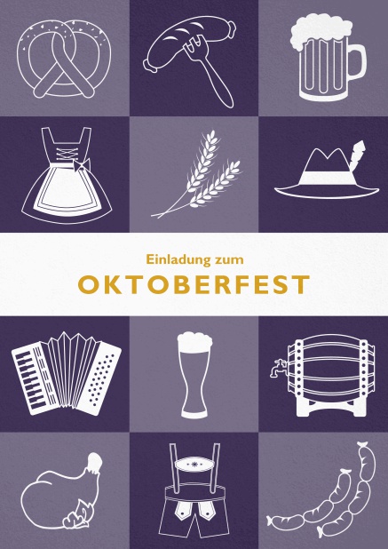 Oktoberfest Einladungskarte mit 12 Bildern vom Oktoberfest, wie Dirndl, Lederhosen und Bier. Lila.