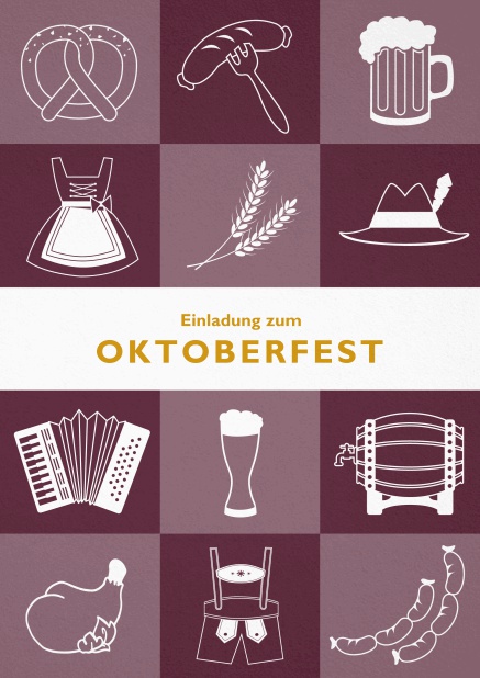 Oktoberfest Einladungskarte mit 12 Bildern vom Oktoberfest, wie Dirndl, Lederhosen und Bier. Rot.