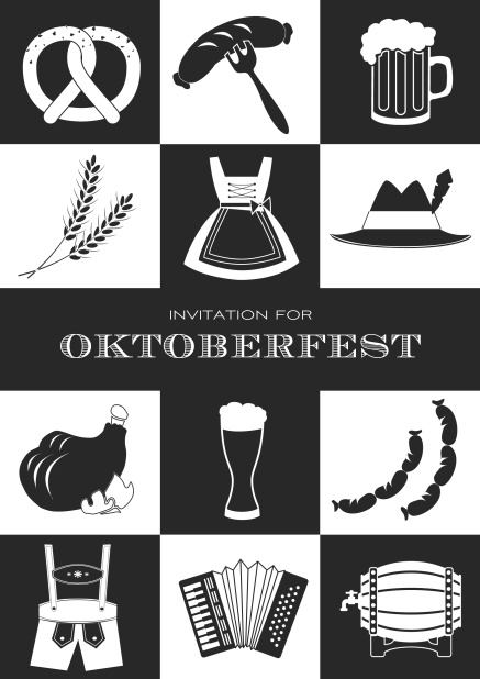 Bavarian online invitation template with classic Oktoberfest pretzels, beer, lederhosen images. Black.