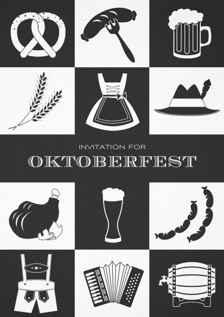 Bavarian invitation template with classic Oktoberfest pretzels, beer, lederhosen images. Black.