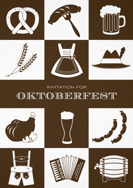 Bavarian invitation template with classic Oktoberfest pretzels, beer, lederhosen images. Brown.