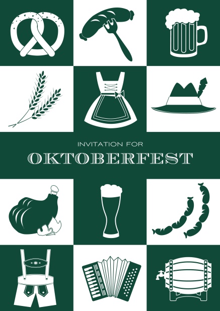 Bavarian online invitation template with classic Oktoberfest pretzels, beer, lederhosen images. Green.