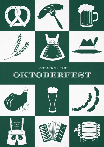 Bavarian invitation template with classic Oktoberfest pretzels, beer, lederhosen images. Green.