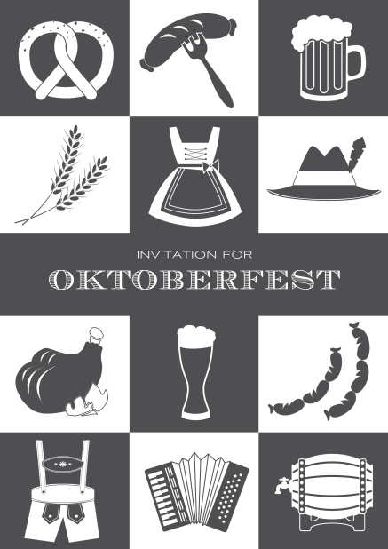 Bavarian online invitation template with classic Oktoberfest pretzels, beer, lederhosen images. Grey.