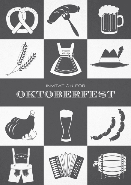Bavarian invitation template with classic Oktoberfest pretzels, beer, lederhosen images. Grey.